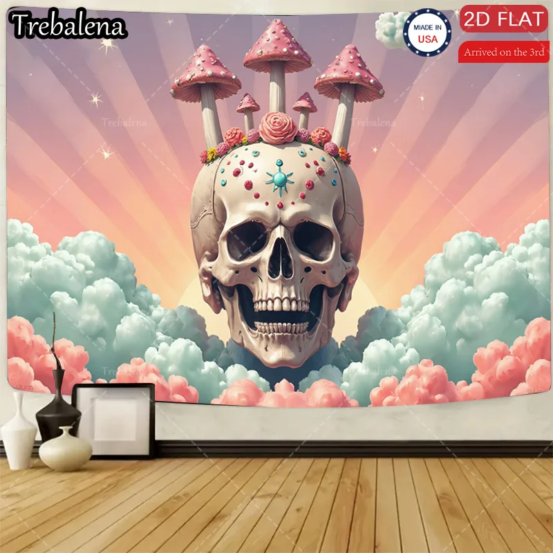

1pc Wall Tapestry Skull with Mushrooms and Clouds Tapestry - Boho Chic Wall Hanging Art