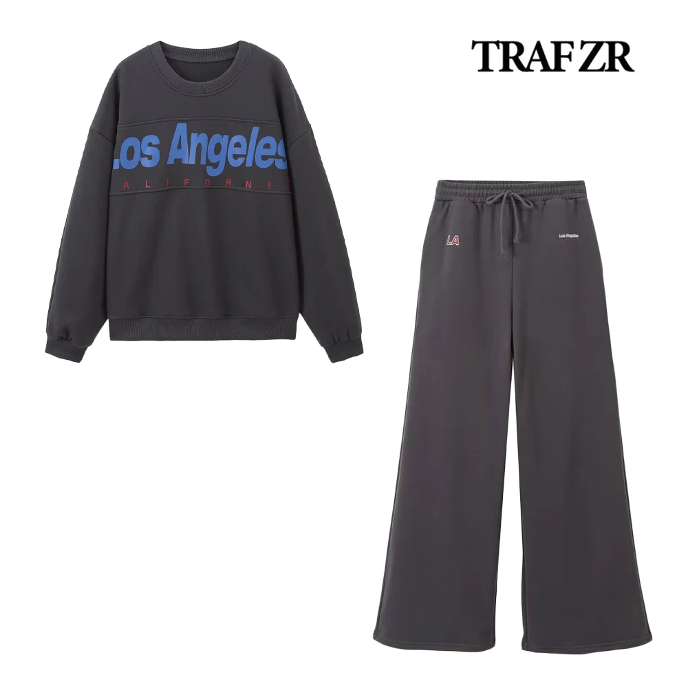 TRAF ZR Aesthetic Women\'s Tracksuit New Matching Sweatshirt Sets Comfy Washed Effect Text Sweatshirt Jogger Pants Streetwear