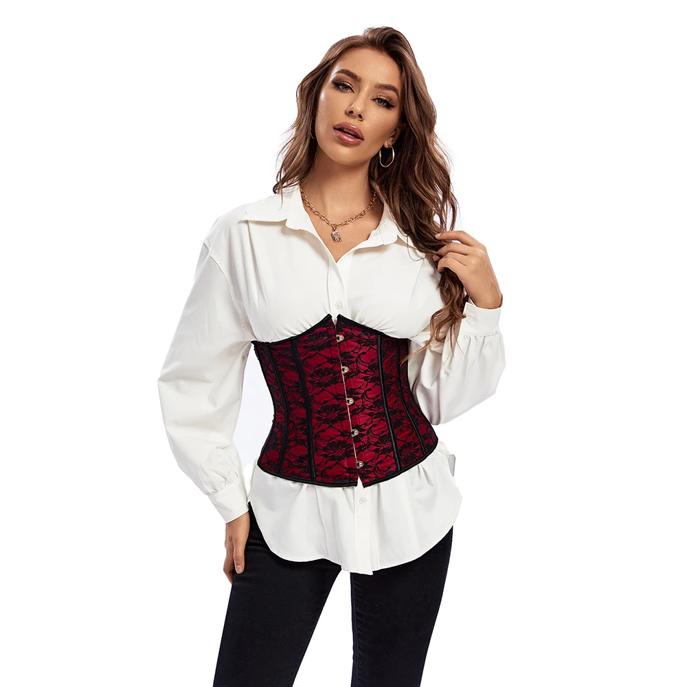 Underbust Corset Women Brocade Red Waist Bustier Corselet Floral Embroidered Shaper Korset