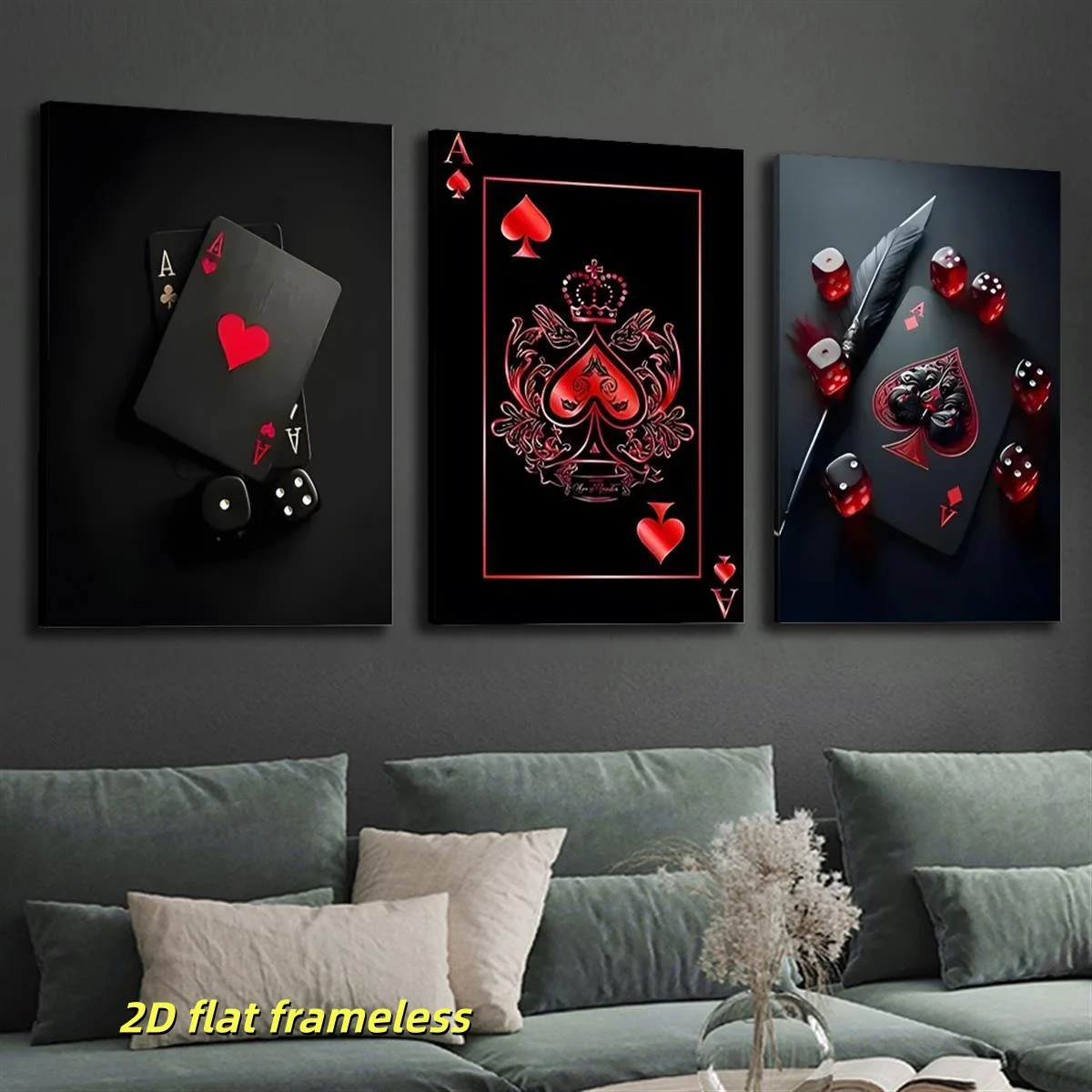 3 modern black and red poker cards and dice canvas posters, suitable for game rooms, poker rooms, office decoration 2D flat prin
