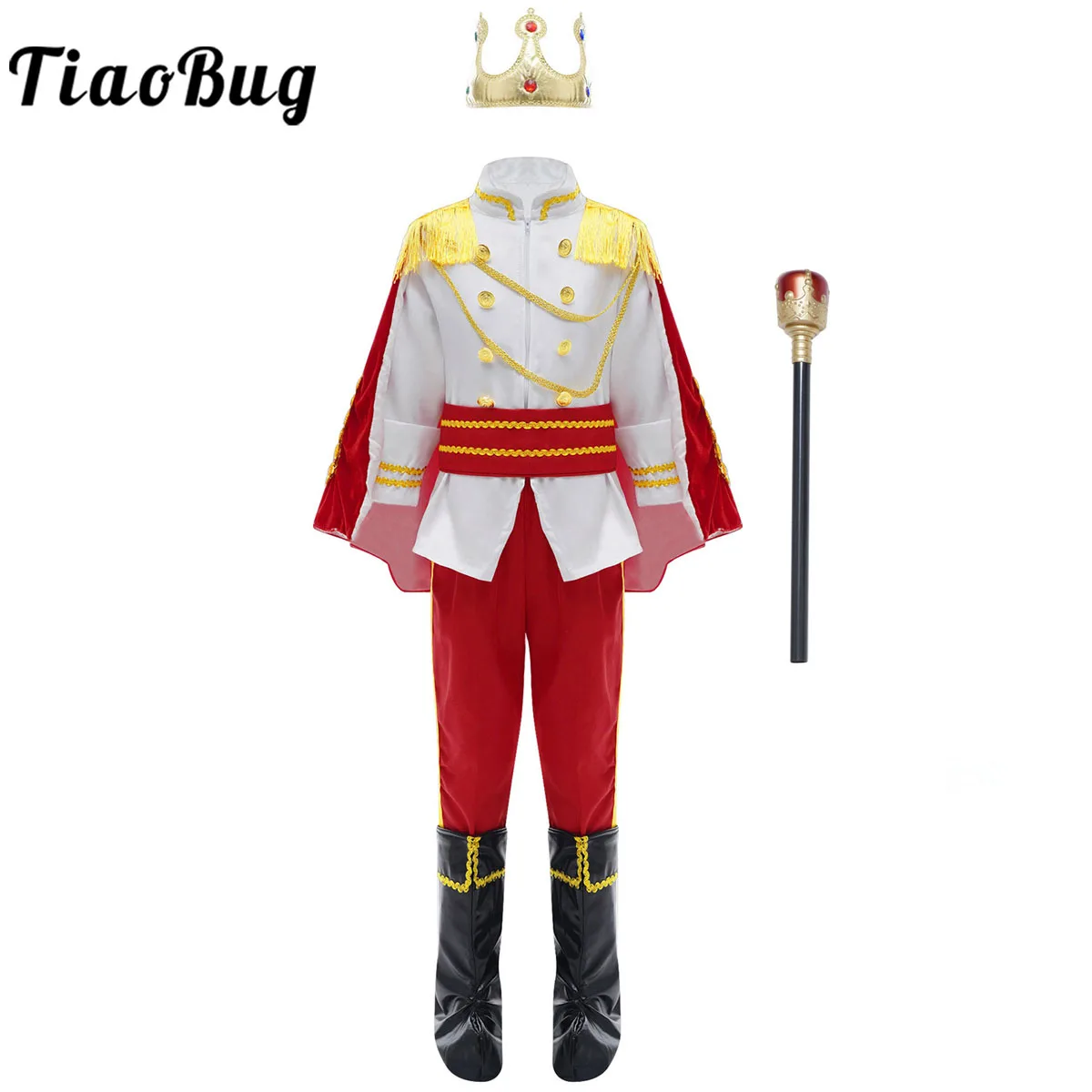 Kids Boys Halloween Medieval Royal King Prince Roleplay Outfit Tops+Pants+Cloak+Crown+Scepter+Socks