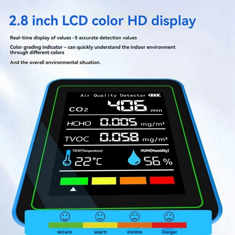 5 In 1 Air Quality Monitor TVOC HCHO Temperature Humidity CO2 Meter, USB Rechargeable CO2 Detector image 6