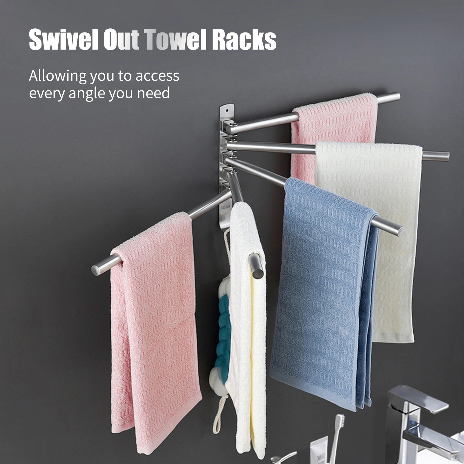 

Out Towel Racks with Hooks 5- Foldable Arms Bath Towel Hanger Wall Mount Towel Bar Stainless Steel Towel Holder Organ