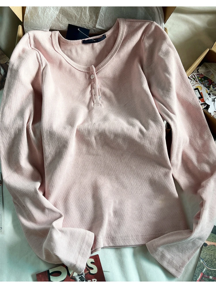 Vintage Button Ribbed Long Sleeve Tees Women Autumn Casual Round Neck Pink Cotton Y2k Tops Vintage Sweet Slim T Shirt For Women