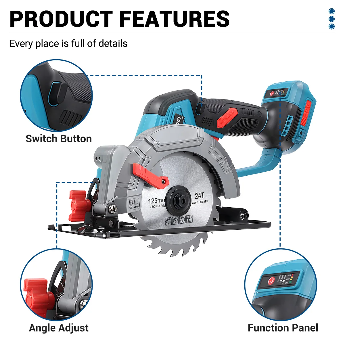 Drillpro Brushless Cordless Electric Circular Saw 125mm Dia Adjustable Angle Cutting Woodworking Tool for Makita 18V Battery