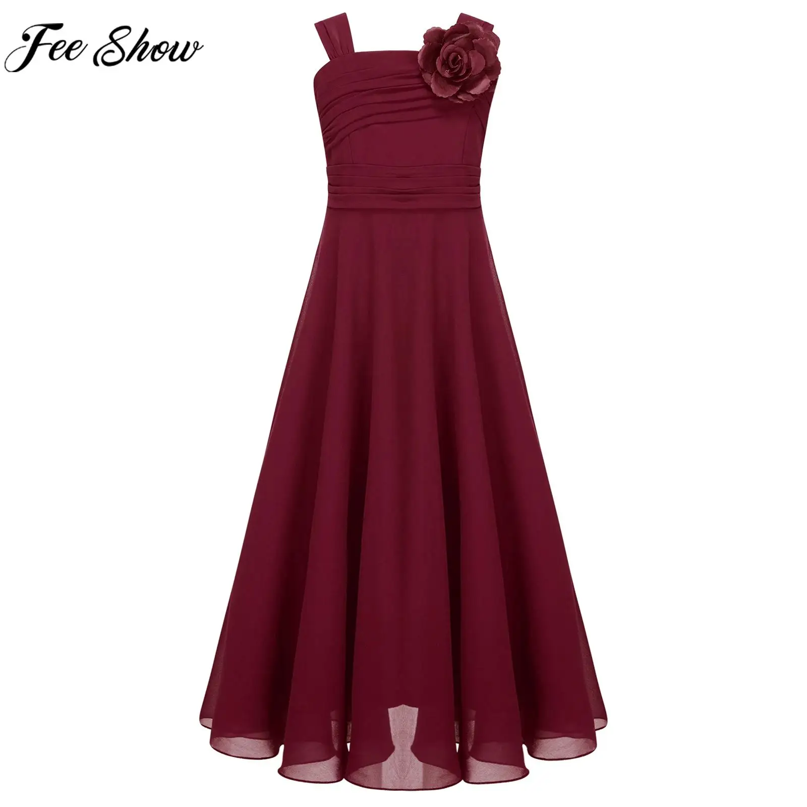 

Kids Wedding Flower Girls Christmas Party Dress Sleeveless Elegant Ruched Chiffon Formal Gown Princess Birthday Evening Dresses