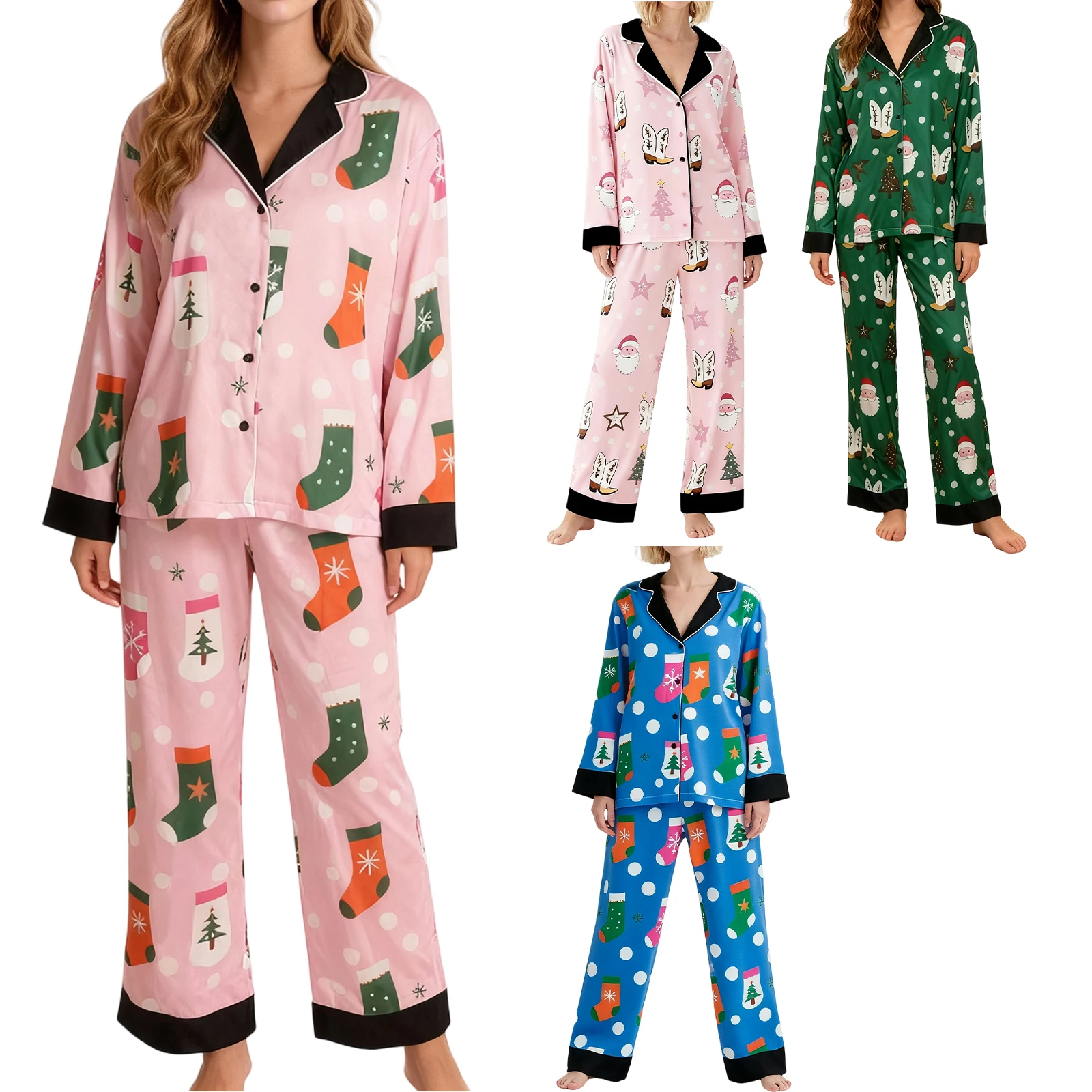 

HEZIOWYUN Women's Christmas Pajamas Set Long Sleeve V Neck Stocking Tree Print Tops and Pants Loungewear 2 Pcs Set