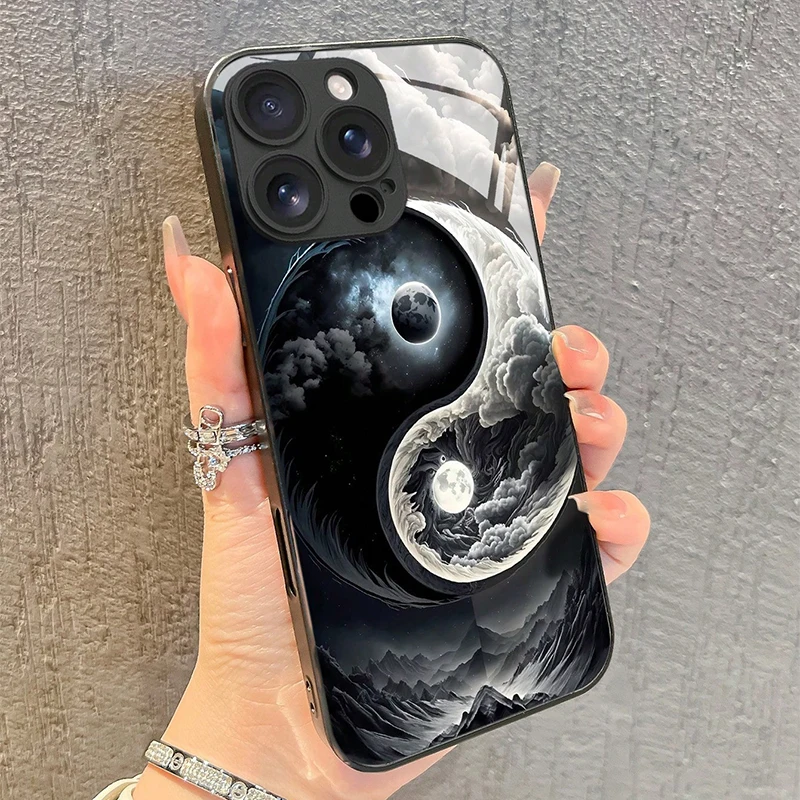 

Yin Yang Bagua Formation Pattern Tempered Glass Phone Case For iPhone 17 Pro Max 16 15 14 13 12 11 17Air 16E 7 Plus XR XS Cover