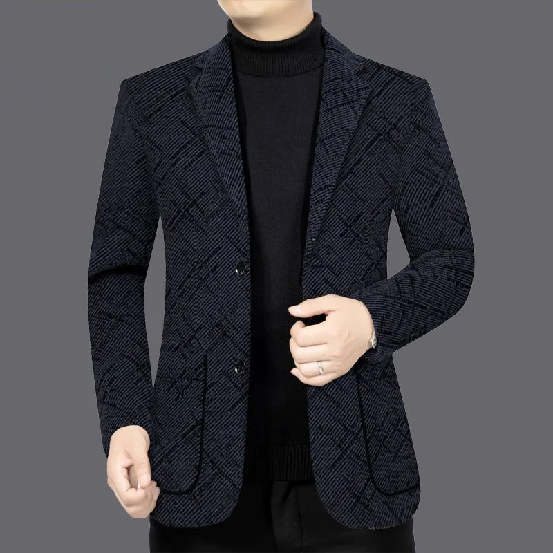 

KIDWHXR Blazer Men Spring Fashion Striped Turn Down Collar Man Outerwear Single-breasted Pocket Slim Casual Male Suit Coat
