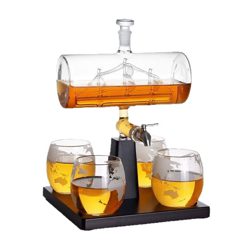 1 Set Creative Antique Boat Shape Decanter Red Wine Whiskey Glass Decanter 1 Bracket 1 Decanter 4 Cup Combination Set