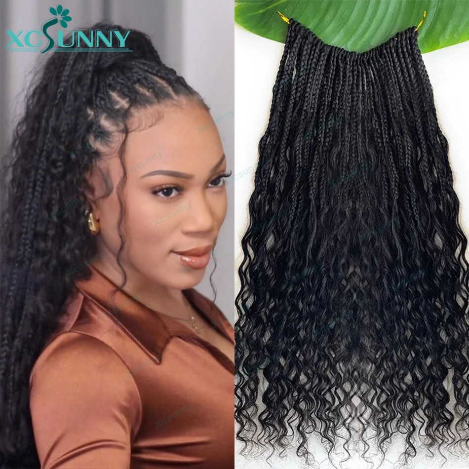 Pre-looped Boho Box Braids Crochet Hair With Curly Ends Crochet Braids Curly Human Hair For Black Women 14-30 inch