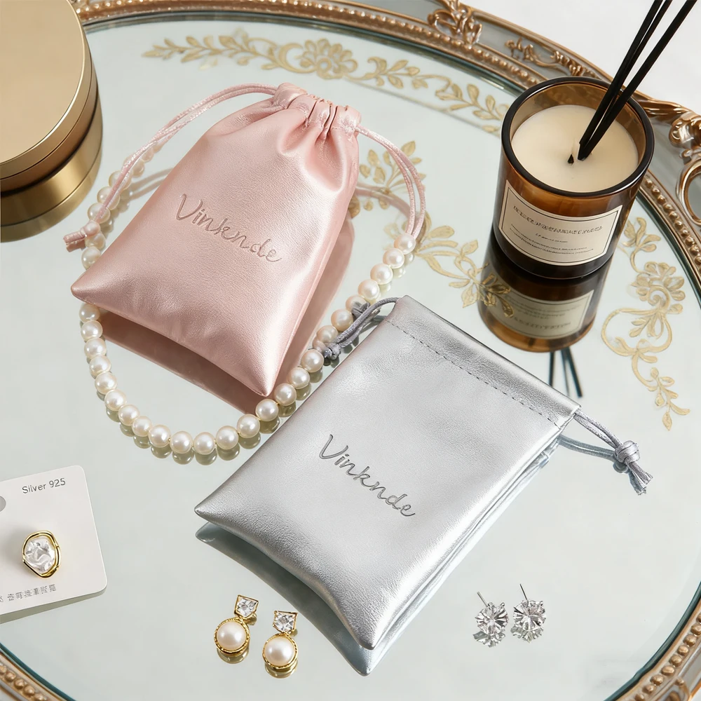 

Custom Logo PU Leather Gift Bag Jewelry Drawstring Storage Pouches Ring Earrings Necklace Bracelet Packaging Organizer DIY Sack