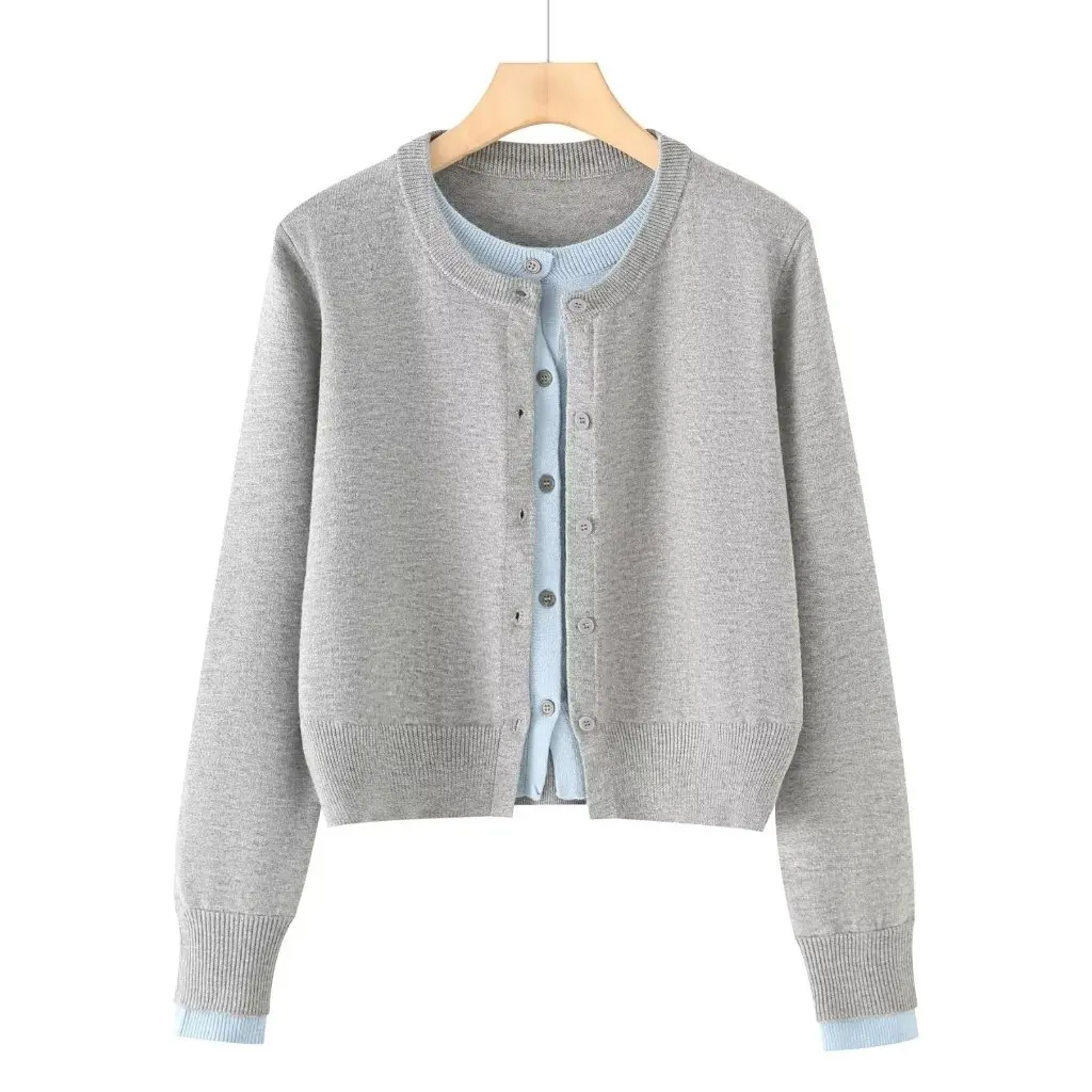 

Women's Casual Contrast Cardigan Knitted Sweater Loose Single-Breasted Design Spring Autumn Fashion Sense Fake Two-Piece