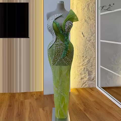 Sparkling Crystal Mermaid Dress Grass Green Beaded Ruffle Evening Dress Party Dress Formal Occasion Dress Customizable