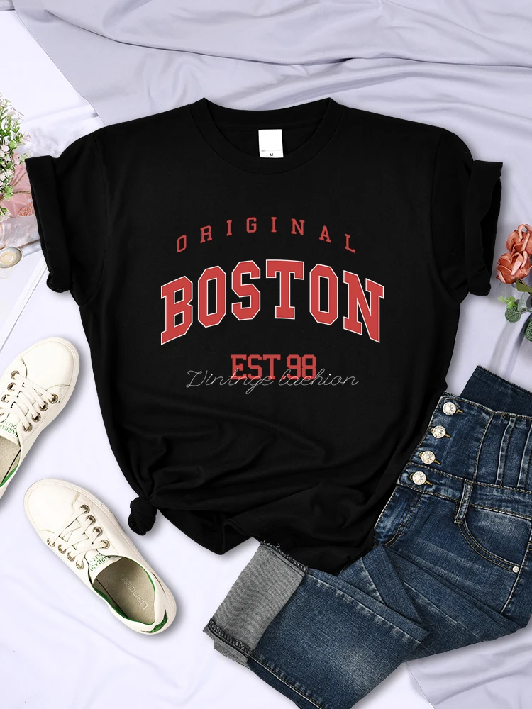 Original Boston Est.98 Street Letter Tshirt Women Summer Breathable T Shirt Hip Hop Casual Cool Short Sleeve Soft Street Clothes