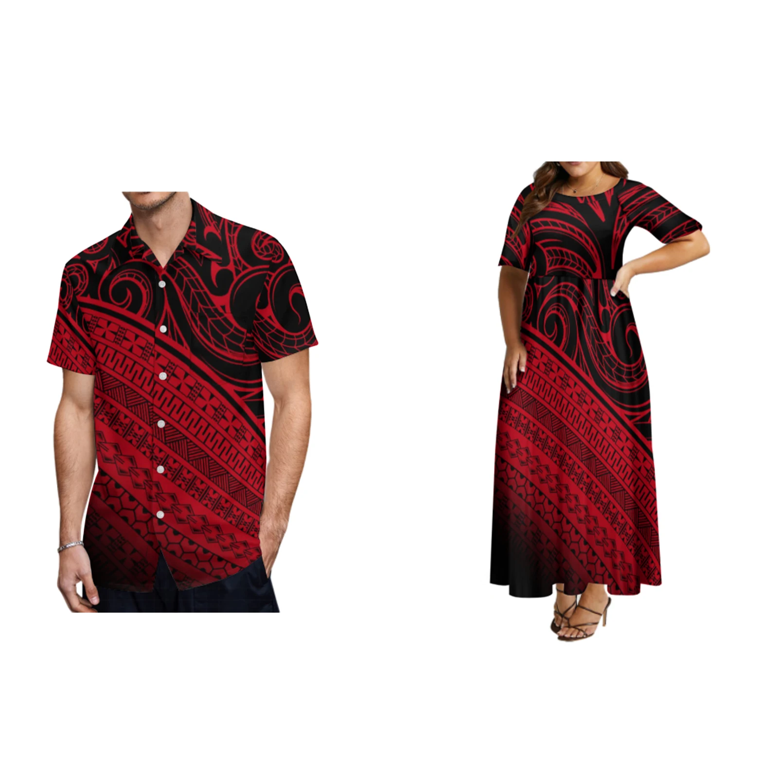 2024 New Woman Medium Sleeve Round Neck Dress Man Hawaii Short Sleeve Shirt Couple Matching Polynesian Wear Samoa Style