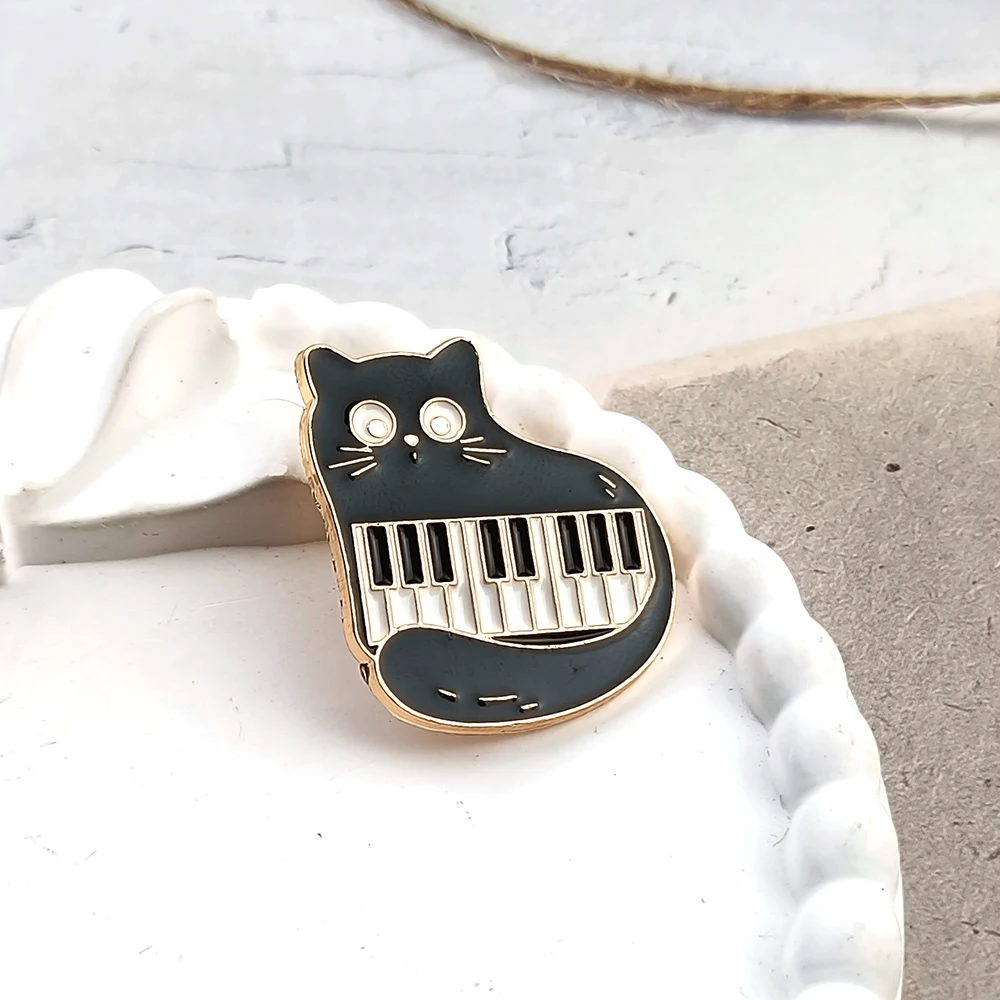 1/4pcs Kawaii Black Cat Piano Enamel Pin, Musical Note Animal Lapel Brooch Badge, Cute Music Instrument Backpack Accessory Gift