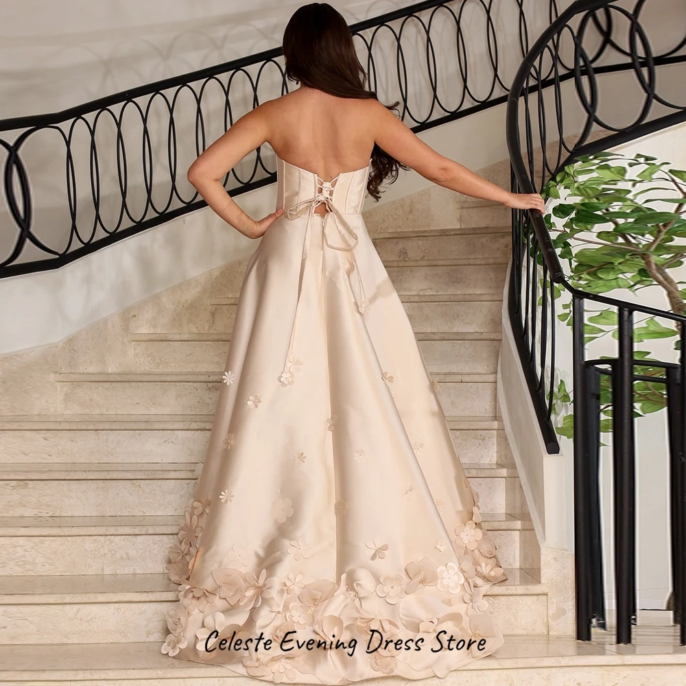 Classic Strapless Satin Evening Dress Exquisite Handmade Flower and Pearl Homecoming Gowns Customized Saudi Arabia Party Dresses