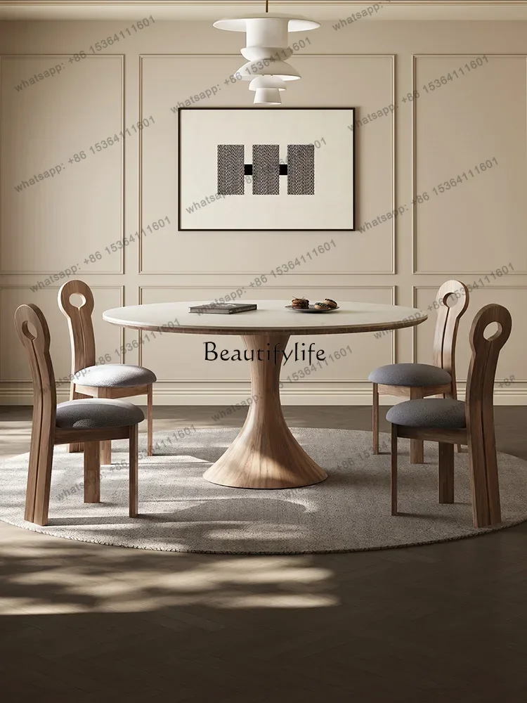 LD33High-end solid wood rock slab dining table Modern simple round dining table with turntable