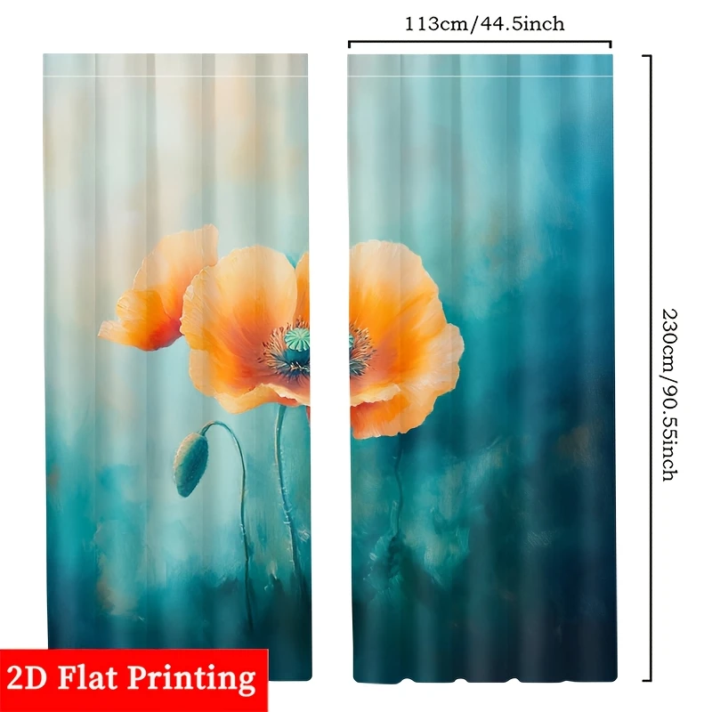 2pcs Orange Poppy Curtains 2D Flat Print Polyester Light Filtering Rod Pocket Living Room Bedroom