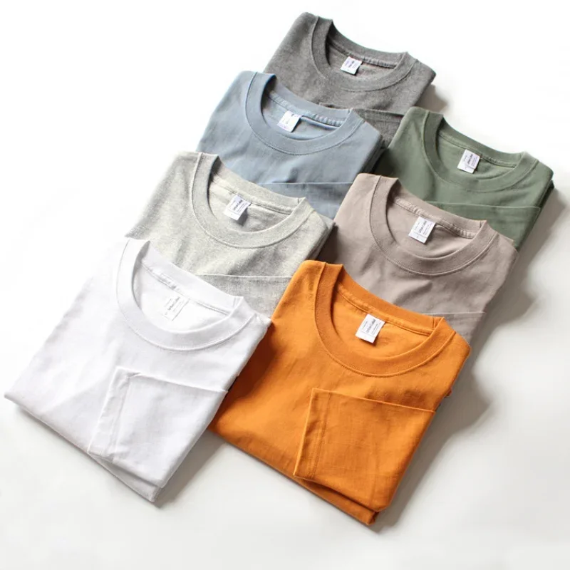 265g Cotton Thick Heavy Duty T-shirt Solid Color Seamless Woven Bottom Tee Tops Round Neck Men's Long Sleeve T-shirt Fitness
