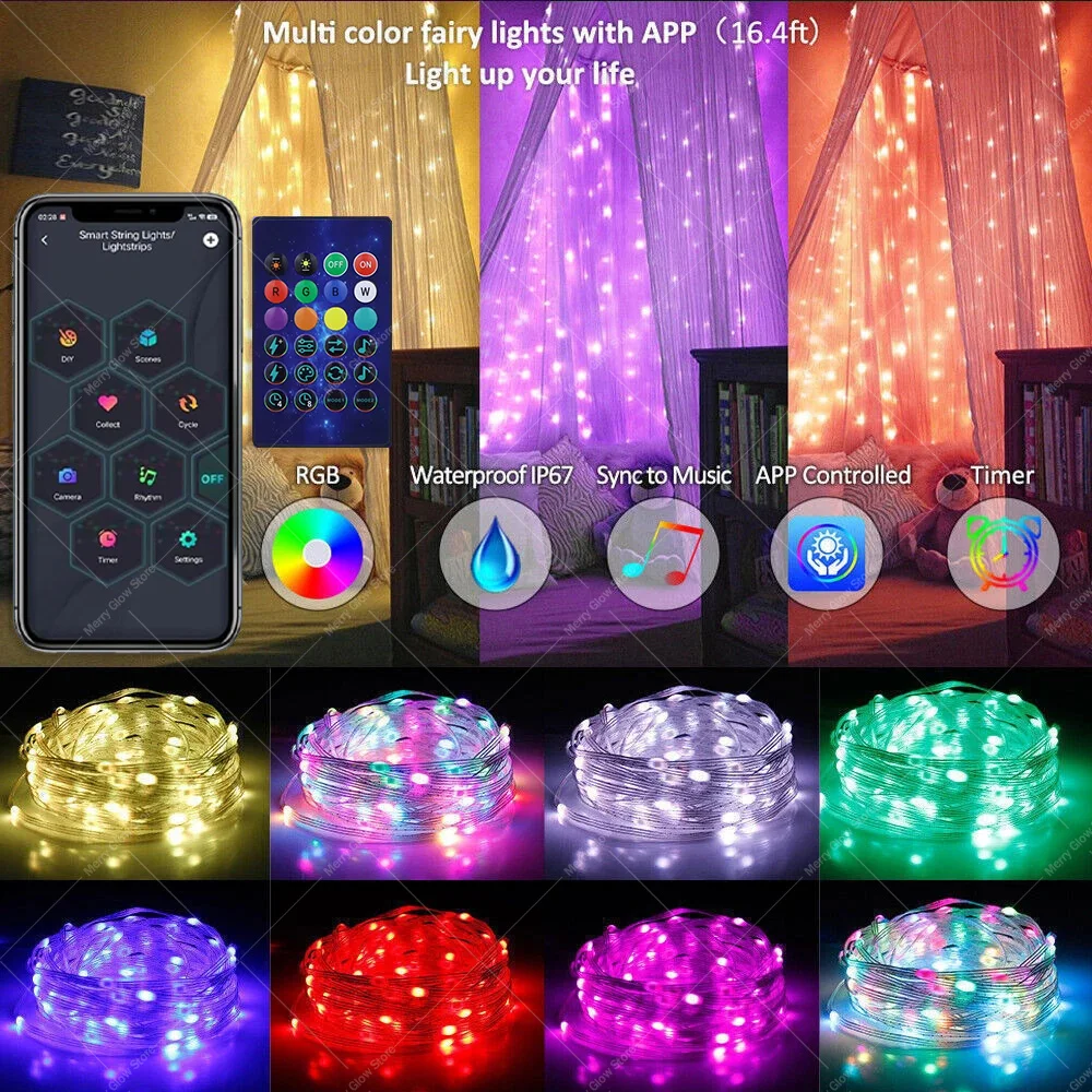 10 м светодиодная гирлянда, умный Bluetooth-пульт дистанционного управления, RGB DIY, сказочная лампа, USB, водонепроницаемая для рождественской елки, домашний декор