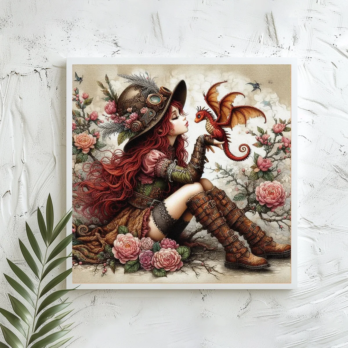 1 Stück 40x40 cm/15,74 Zoll, 11Ct/14Ct Kreuzstich-Set, DIY Valentinstagsgeschenk, Stickerei-Set für Festlichkeiten, Rote Haare Mädchen Drachen Steampunk – Detail 2