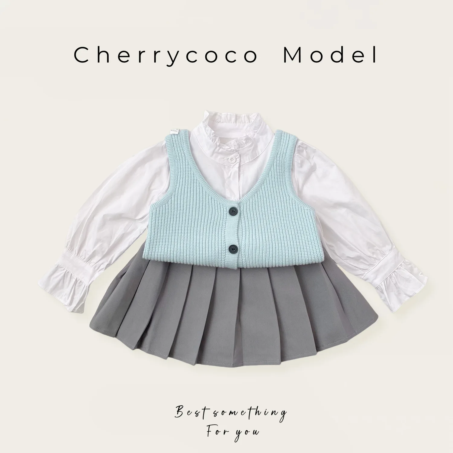 Spring and Autumn New for Girls Korean Knitted Vest Ruffled Shirt Pleated Skirt and Pants Three-Piece Set