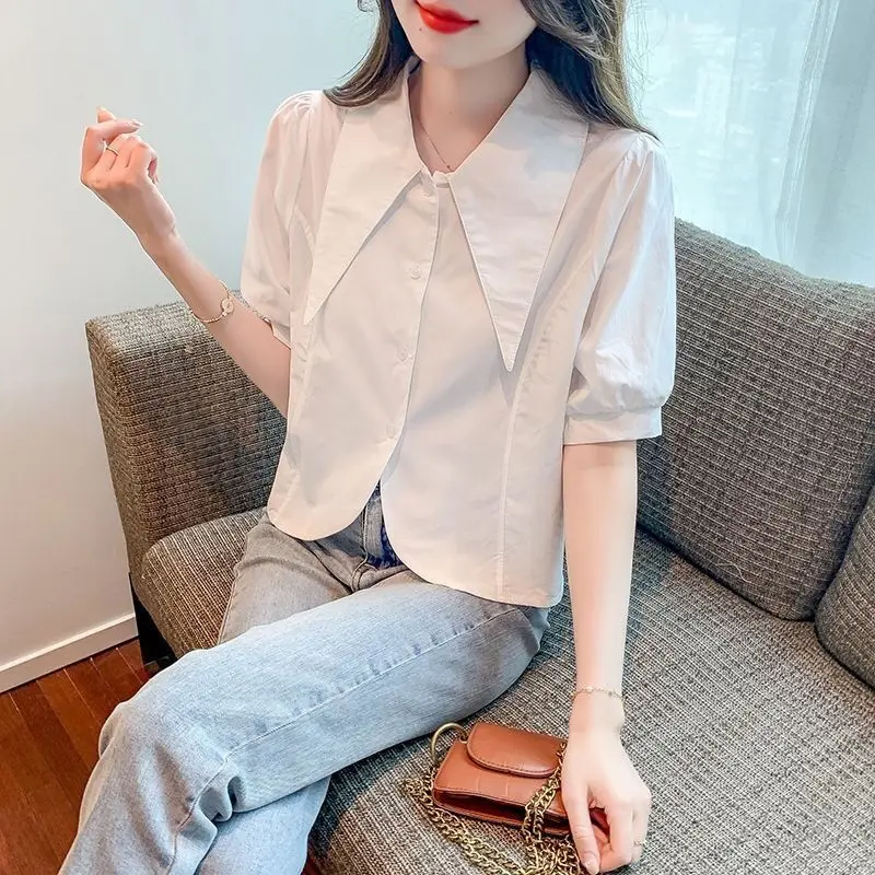 Korean Preppy Style Summer Women's Solid Large Pointed Collar Single Breasted Puff Sleeve Simplicity Loose Short Sleeve Tops