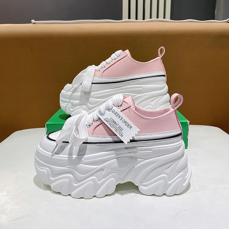 New 2024 Women Hidden Heels Sneakers 8CM High Platform Wedges Sneakers Autumn Chunky Leather Shoes Woman Lace Up Dad White Shoes