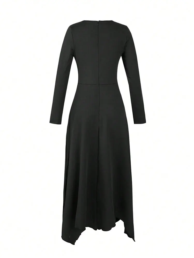 Nuevo vestido Retro negro con dobladillo asimétrico y manga larga con cuello en V para mujer, vestido largo elegante para fiesta, vestidos de noche ajustados para salir de graduación