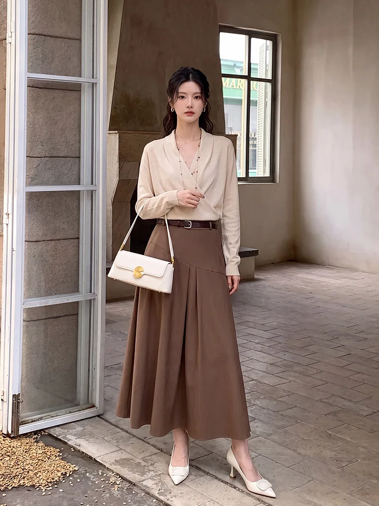 French Elegant Brown Panel A Line Midi Skirt Women High Waist Pleated Flared Long Skirt Autumn Minimalist Office Commute Bottom