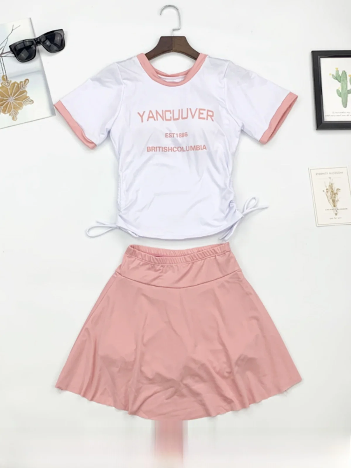 New Simple Sport Two-Piece Swimsuit Student Conservative Small Chest Short Sleeve Meat Concealing High Waist Briefs Set