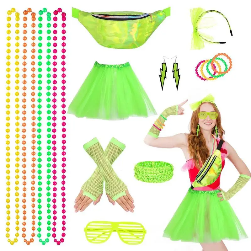 80s Accessories For Women Women's 80s Outfit Costume With Neon Headband 17pcs Vintage Costume Accessories Sets