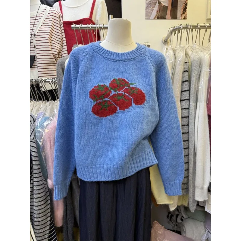 Estilo coreano otoño nuevo diseño de tomate tejido Casual de manga larga cuello redondo suéter Top para mujer
