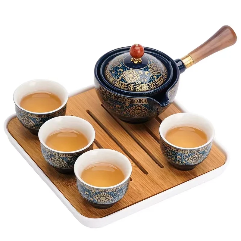 China Ceramic Gongfu Tea Set Treval Portable Antique Model Porcelain Teapot 360 Rotation Drink Maker Infuser All in One Gift Bag