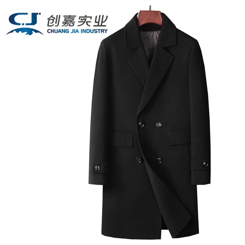 Men's Coat Double-sided Fleece Youth Double-breasted Mid-length Cashmere Windbreaker Black Coat Warm Autumn Winter