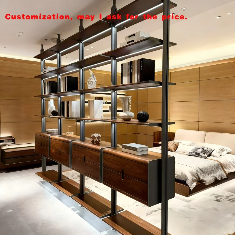 custom.Floor-Standing Bookshelf Modern Minimalist Luxury Custom Metal Aluminum With Light Pole System Living Room Be