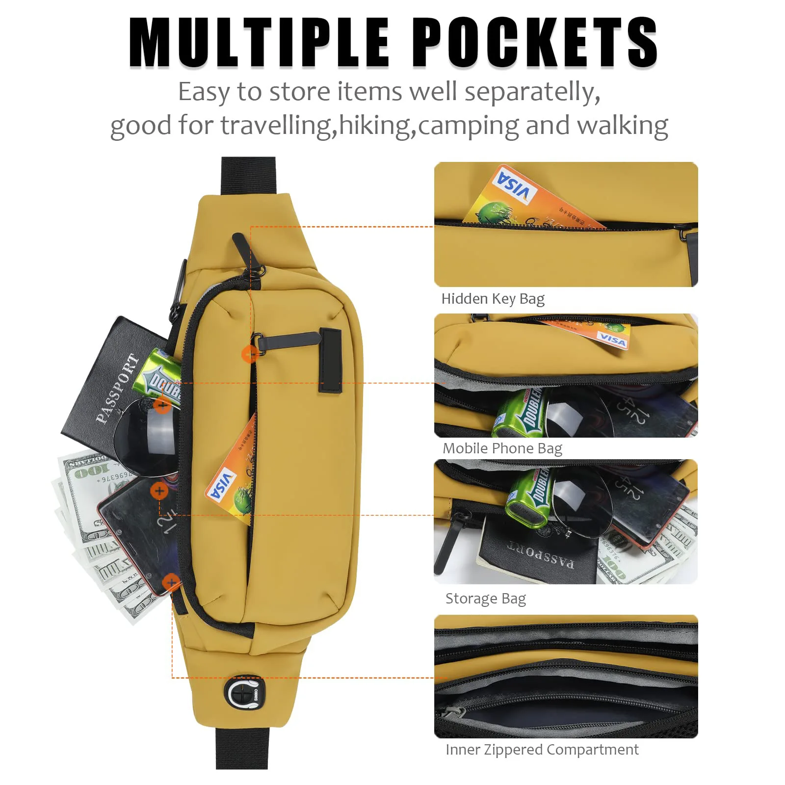PU  Large Crossbody Sport Bag Women Men Belt Bag With 4-Zipper Pockets for Travel Running Hiking
