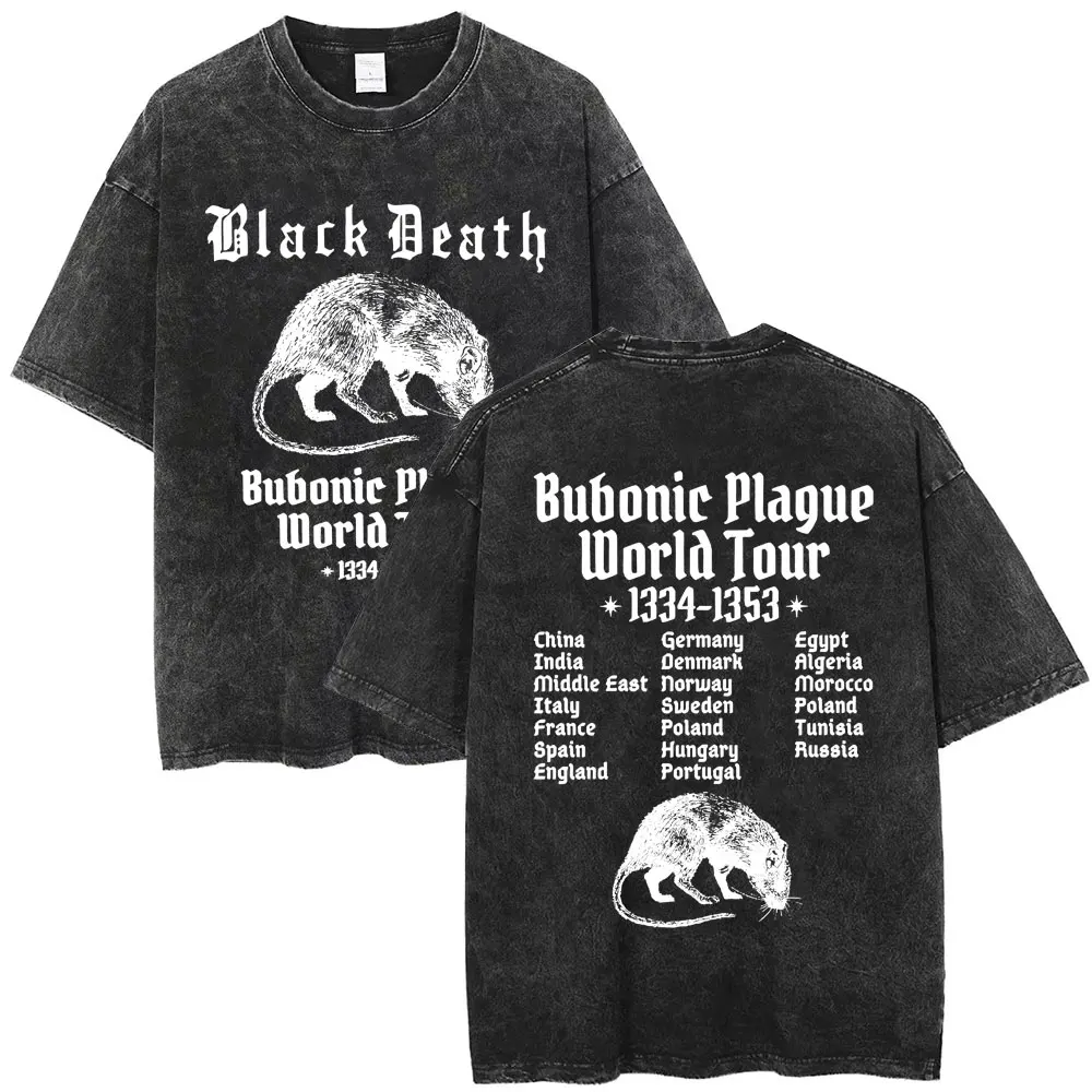 Camiseta lavada Vintage Rock Band Black Death European World Tour, camisetas gráficas góticas Punk Rat, camisetas de algodón de gran tamaño para hombre