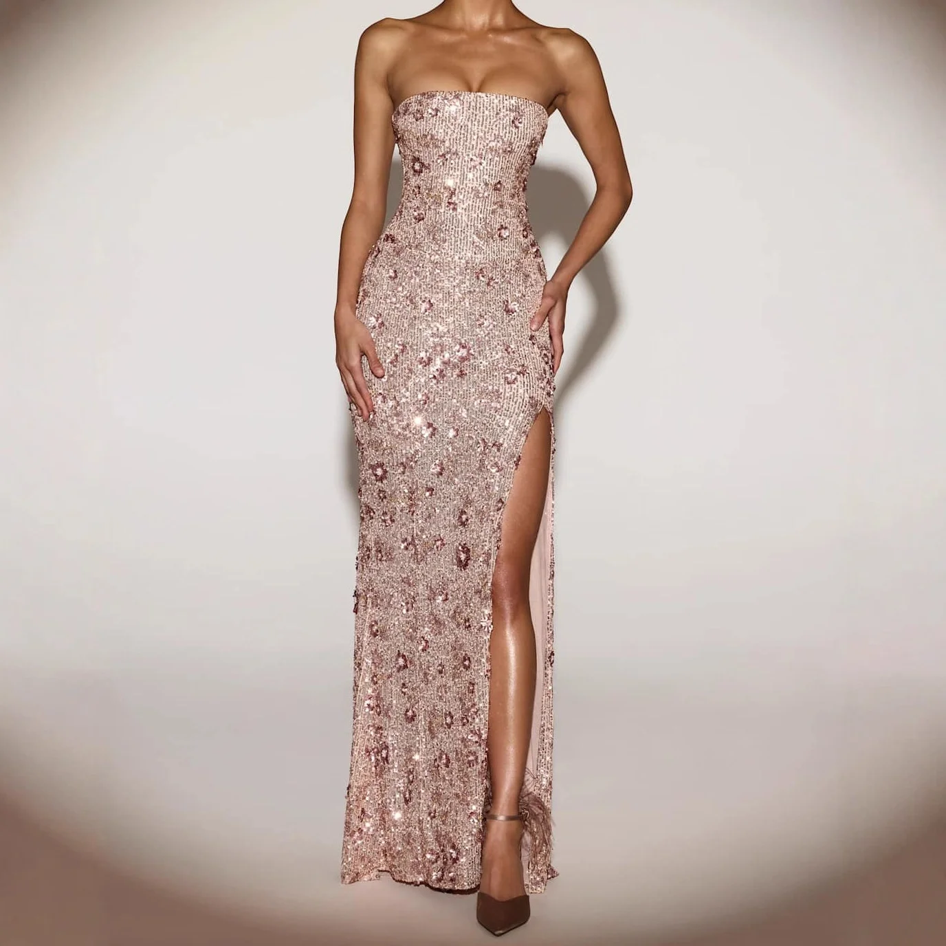 

Sexy Slim Fit Bal 3D Flower Embellied Sequin Slit Long Dr Cross-Border Spring Summer Women's Faion Top