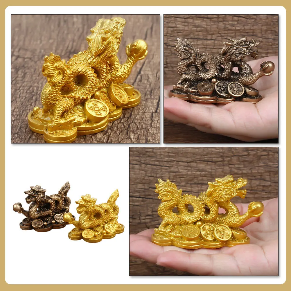 

2Pcs Resin Auspicious Dragon with Coins Artware Desktop Decor for Home Office Car Interior Style Animal Ornament