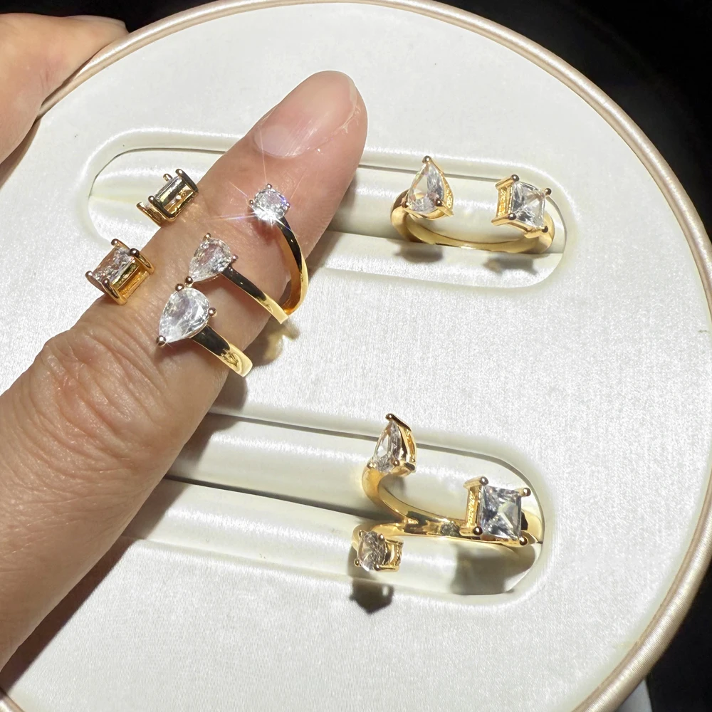 

2025 New design Gold Color Teardrop Zirconia Open Finger Ring Women Statement Jewelry