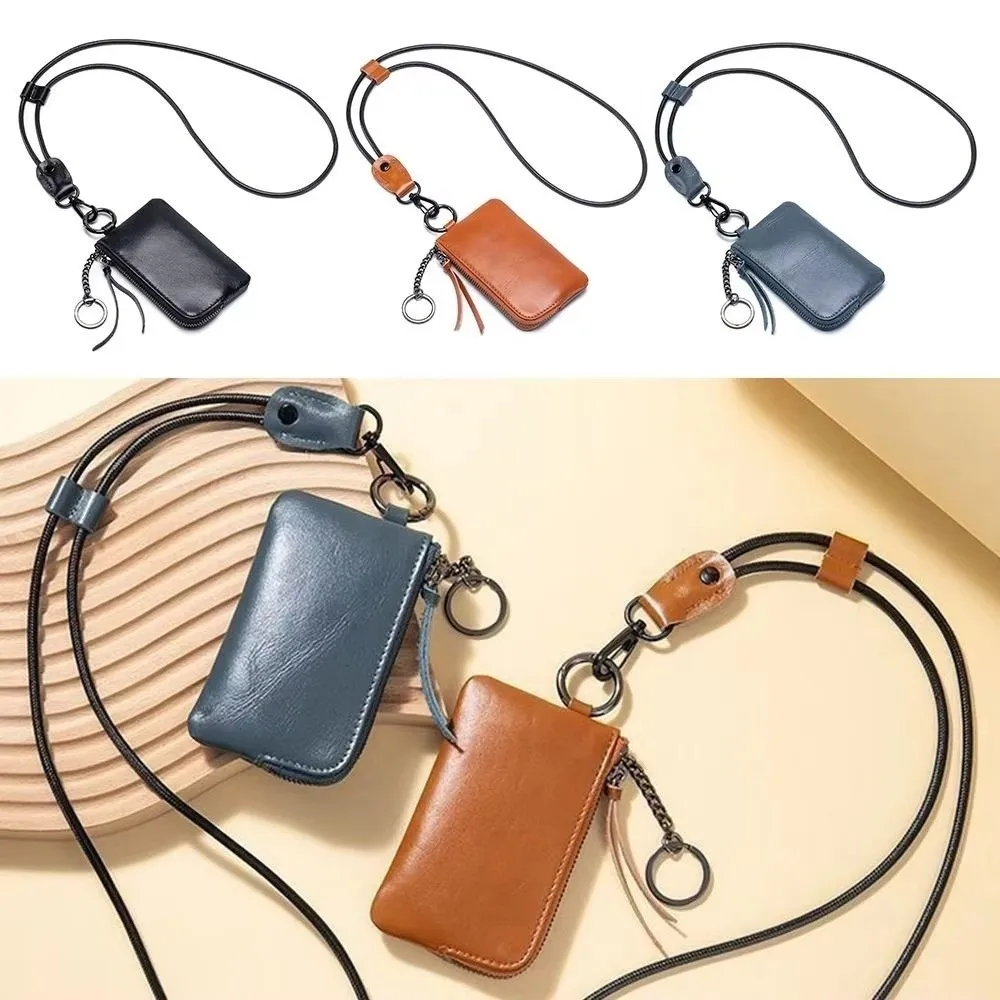 Vintage PU Hanging Neck Wallets Retro with Keychain Lanyard Card Holder Exquisite Soft Mini Coin Purse Gift