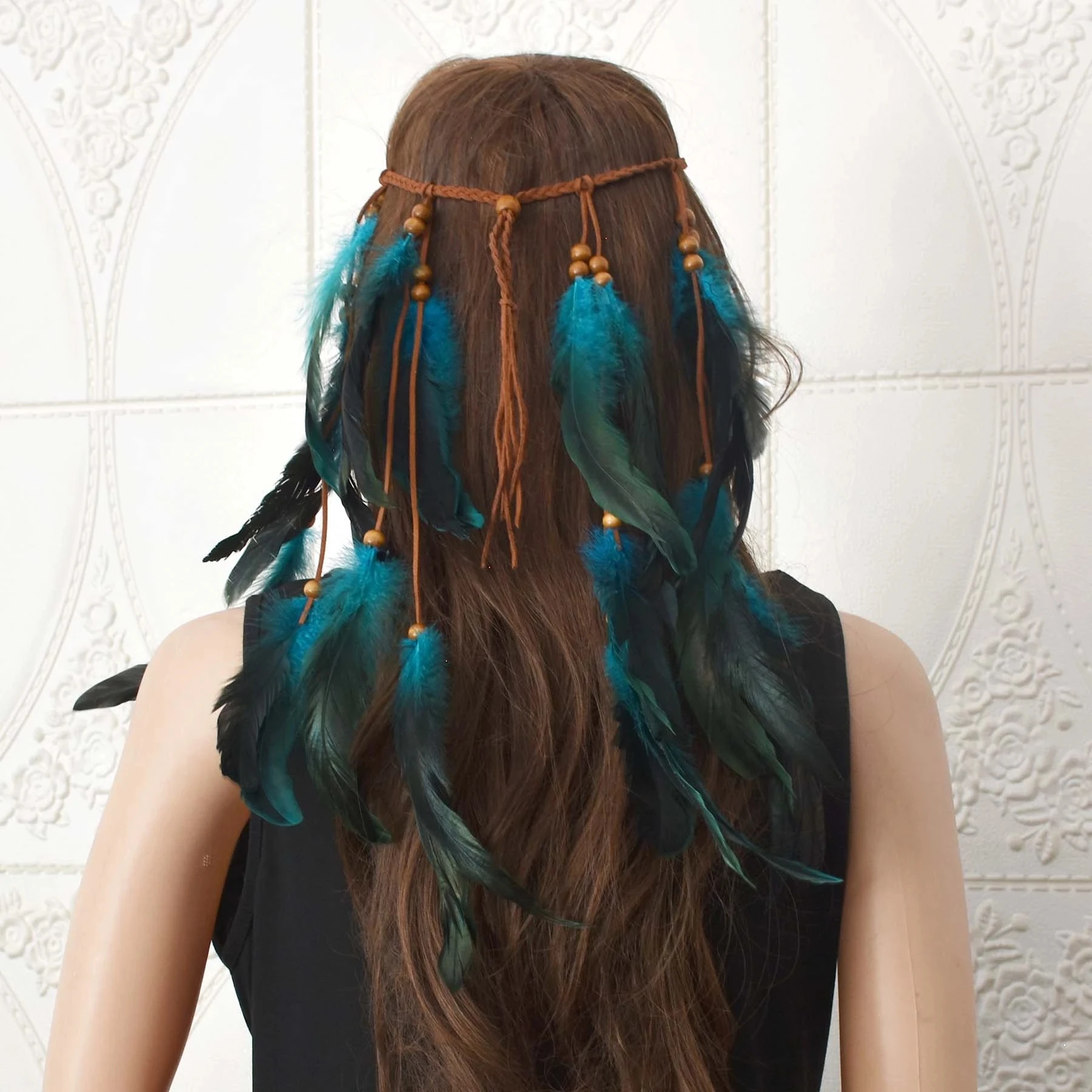 Multicolor Indian Tribal Ethnic Wood Beads Leather Feather Headband Hair Rope Bohemian Hippie Festive Hair Accessories Jewelry