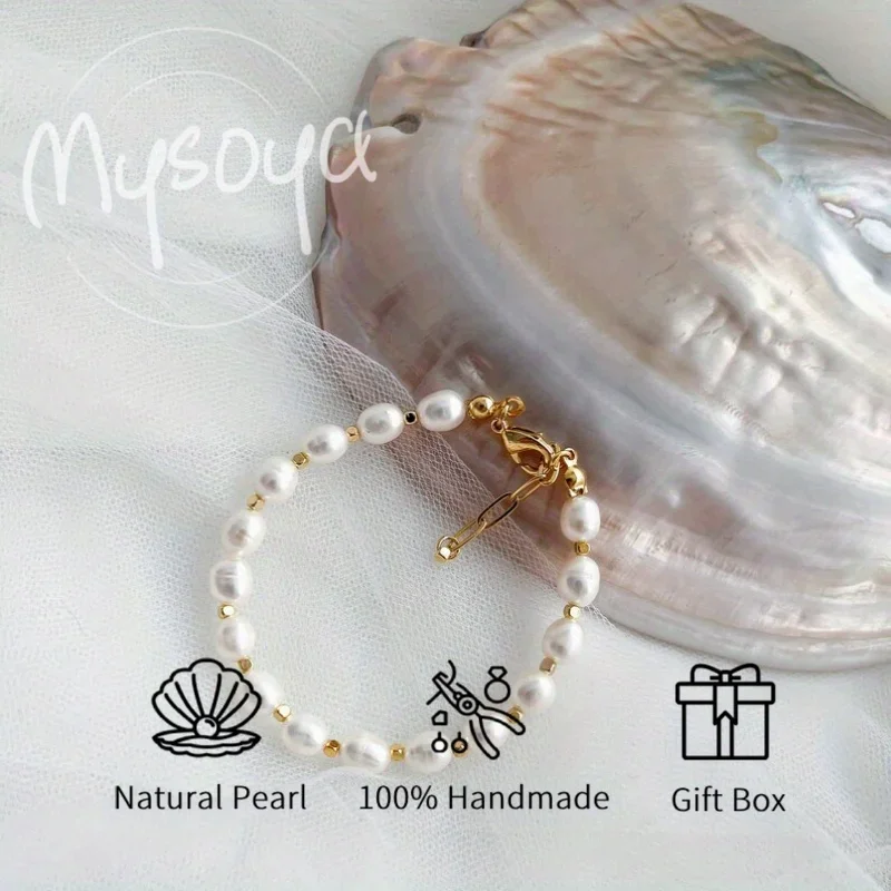 

MYSOYA 7-8mm Natural White Rice Shape Freshwater Pearl Bracelet For Women And Men With Gift Box Birthday Wedding Jewelry Gift