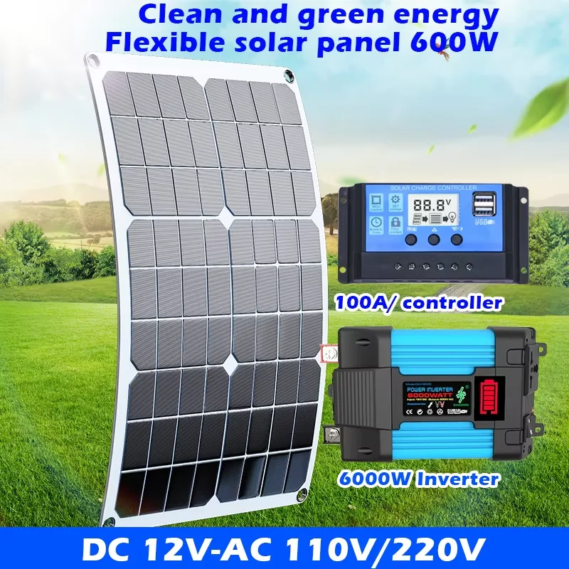 6000W Solar Inverter Kit Complete 600W Solar Panel System with 100A Controller, 110V/220V Output for Home /Off-Grid Power