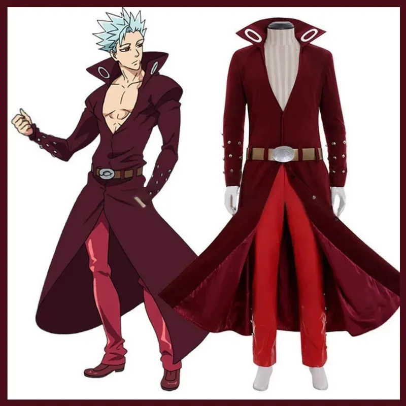 Anime siete pecados capitales: Prisioneros del cielo Ban disfraz de Cosplay abrigo largo rojo capa cinturón peluca hombre Halloween carnaval traje cm;5