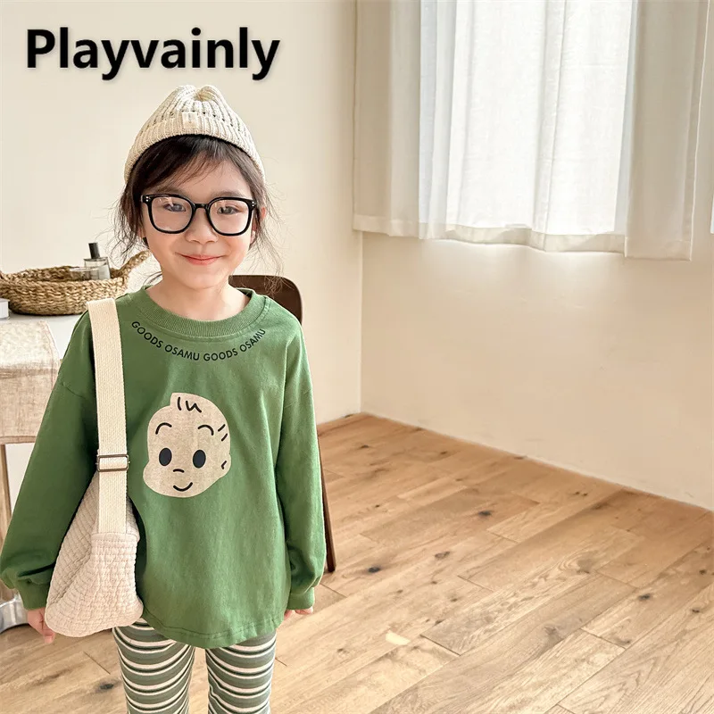 

Korean Style Children Spring Autumn Long Sleeve Sweatshirts T-shirt Green Red Apricot Cartoon Print Tops Boy Girl Clothes A5022