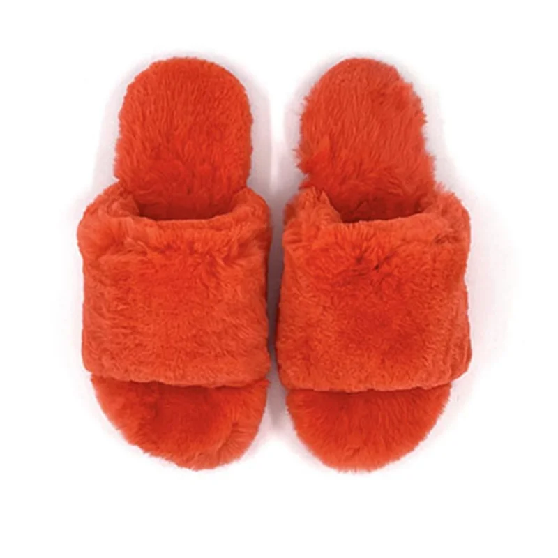 Women Rabbit Fur Fluffy Slippers Ladies Flip Flops Warm Shoes Solid Colors Non-Slip Casual Indoor Flats Floor Shoes Female Shoes